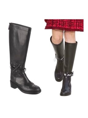 CHANEL Black Calfskin Leather Lace Detail CC Knee High Riding Boots Fall 2016